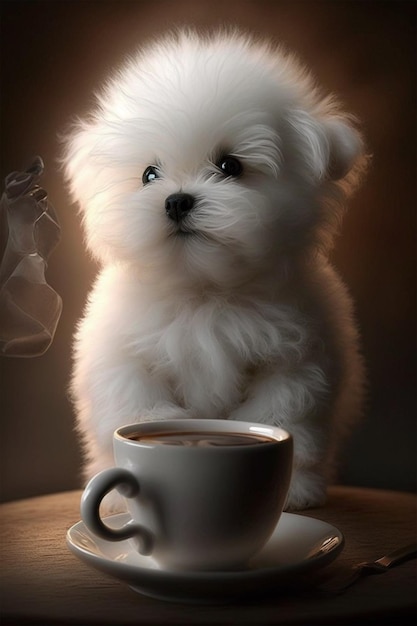 Un chien avec une tasse de café sur une table