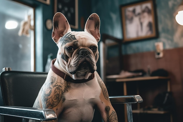 Un chien avec des tatouages est assis dans une chaise de barbier