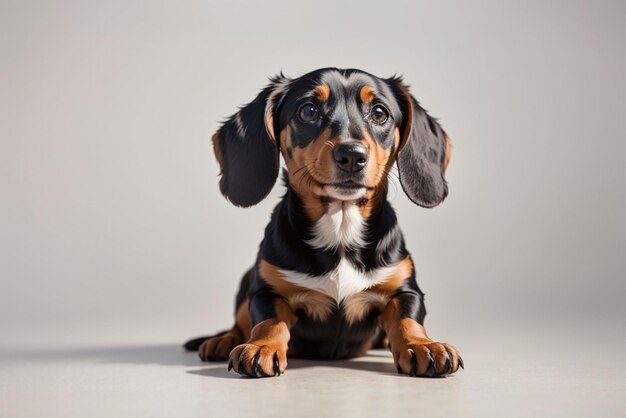 Chien de teckel assis sur une photo sur un fond isolé