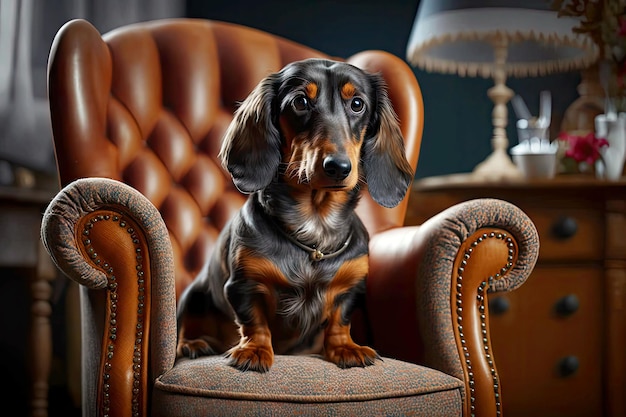 Chien teckel est assis dans un fauteuil et regarde l'illustration ai générative du propriétaire