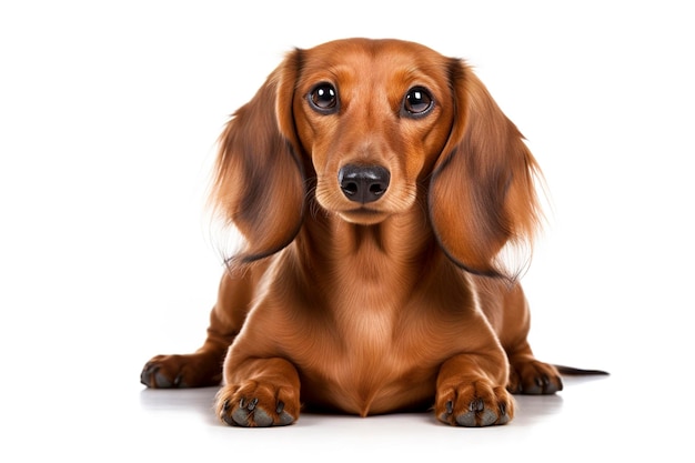 Un chien teckel isolé sur fond blanc uni