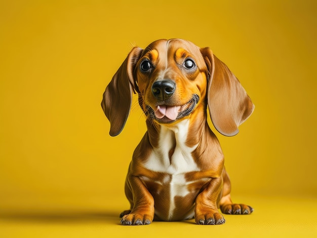 Chien teckel mignon drôle assis sur fond jaune doux ai génératif