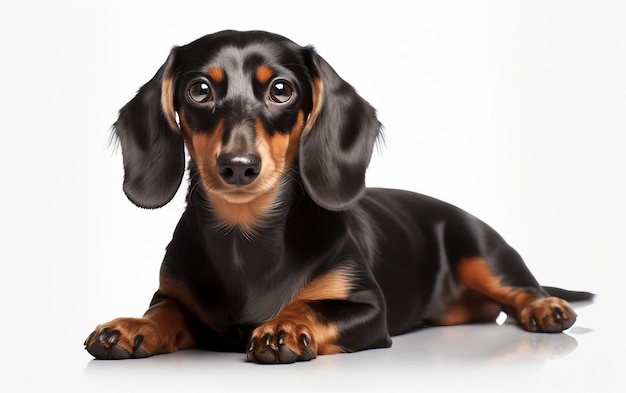 Chien Teckel en mode assis isolé sur fond blanc IA générative