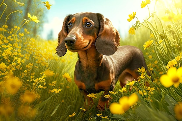 Chien teckel se promène dans un pré d'été vert entouré de fleurs illustration générative ai