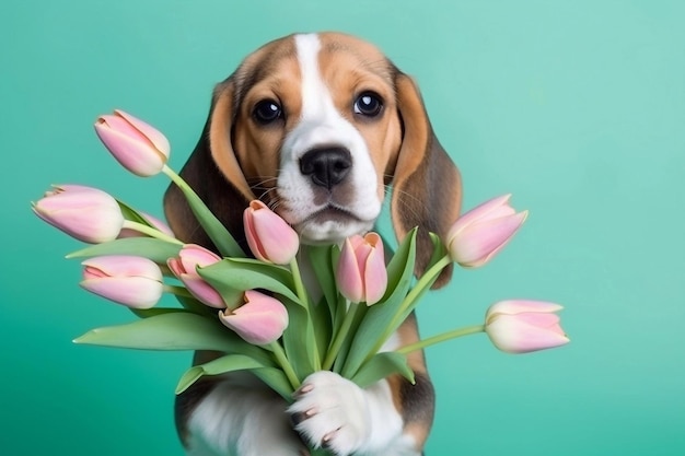 Chien tenant un bouquet de tulipes dans ses dents sur un fond vert clair Carte de printemps pour Valentine