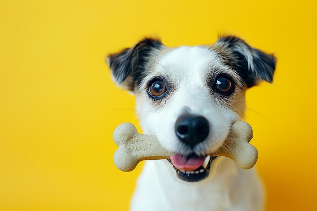 un chien tenant un os sur sa bouche