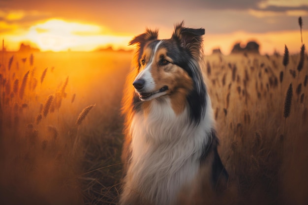 Chien sur le terrain en fin d'après-midi ensoleillé, IA générative