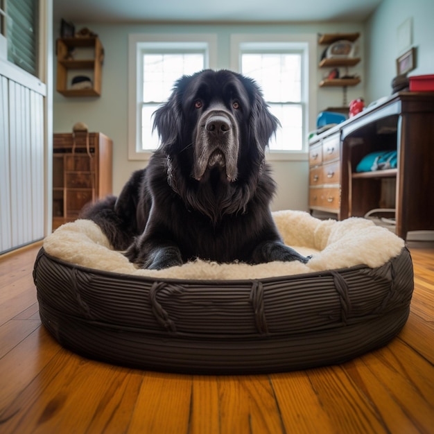 Photo un chien de terre-neuve luttant avec humour pour une tâche.