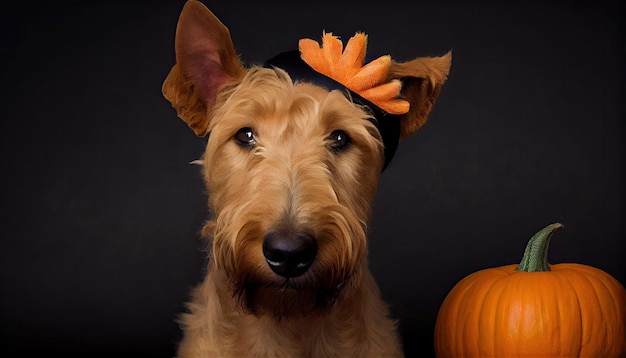 Chien de terrier irlandais posant pour Halloween avec une citrouille et un bandeau drôle d'oreilles