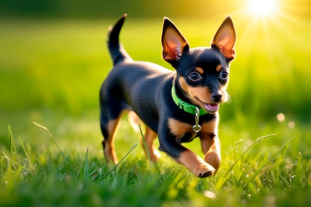 Photo un chien terrier jouet heureux courant sur une prairie verte