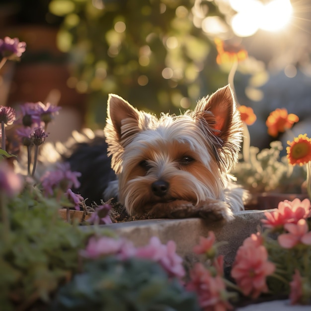 Le chien de terrier de Yorkshire se trouve dans le jardin parmi les fleurs