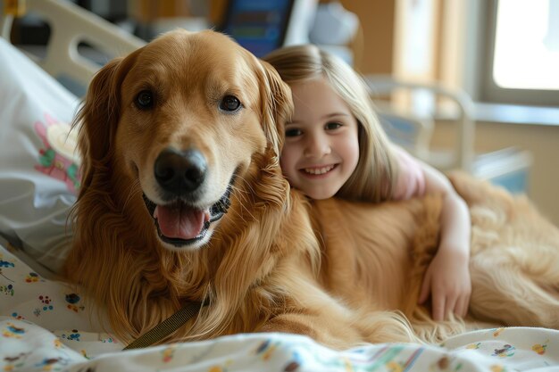 Photo un chien de thérapie réconfortant avec un jeune patient