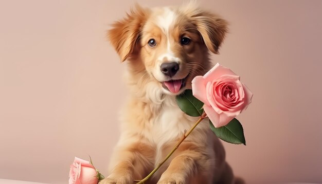 Un chien tient une rose dans sa bouche.