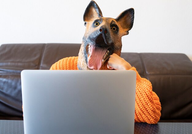 Chien travaillant avec ordinateur à la maison