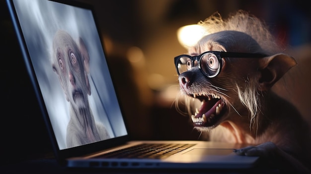 Le chien travaille avec l'ordinateur portable Travail à distance ou concept indépendant avec un chiot drôle