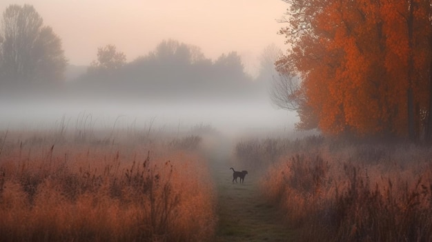 Un chien traverse un champ dans le brouillard.