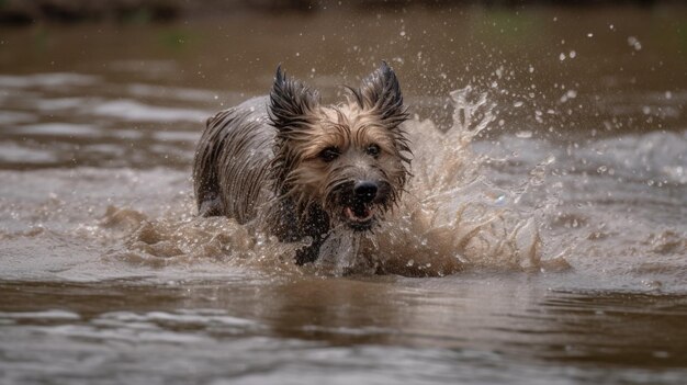 Un chien traverse une rivière