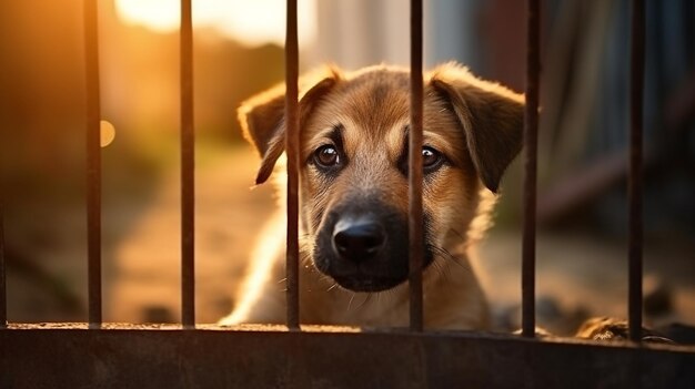 Un chien triste dans la cage.