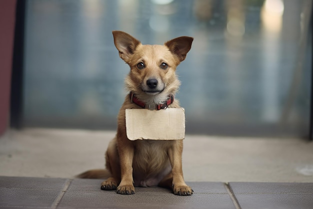 chien triste dans la rue avec un panneau en carton vierge