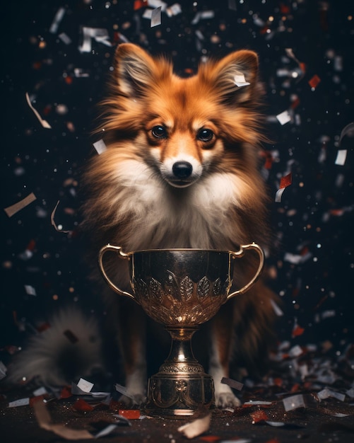 un chien avec un trophée devant des confettis