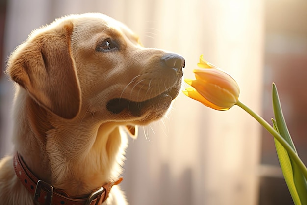 Un chien avec une tulipe