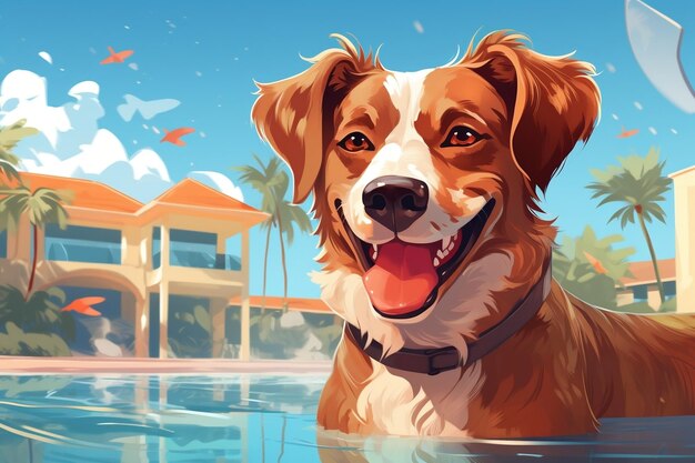 Chien de vacances canin profitant de la piscine AI générative