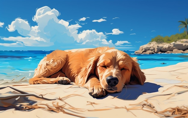 Un chien de vacances qui dort sur la plage