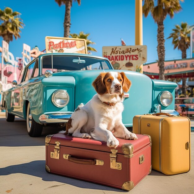 Un chien sur une valise de voyage