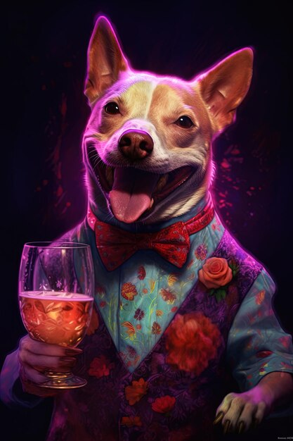 un chien avec un verre de vin et un verre de vins