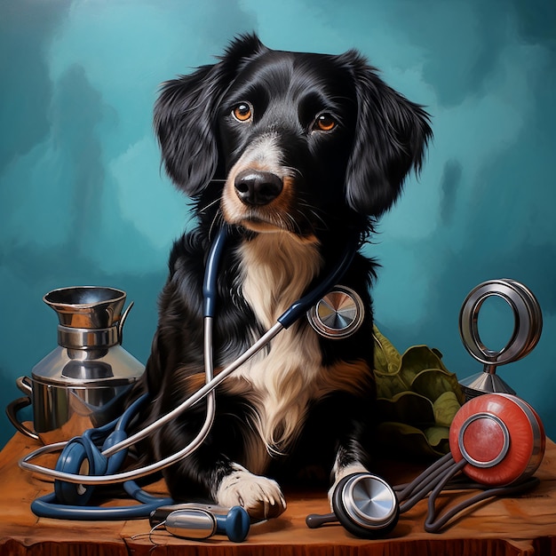 Photo chien et vétérinaire avec stéthoscope