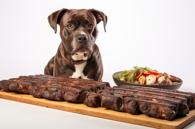 Chien avec de la viande et du romarin sur fond blanc Studio shot