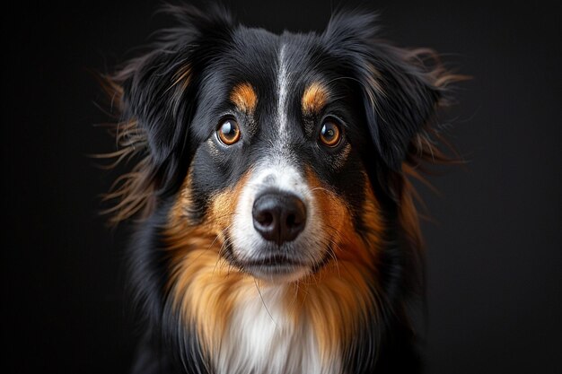 un chien avec un visage brun et noir et un fond noir