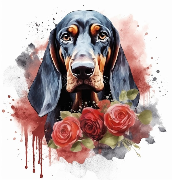 Un chien avec un visage noir et des roses rouges dessus