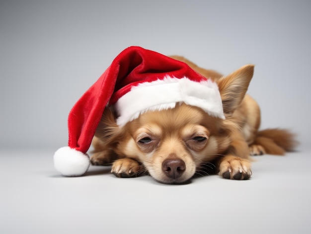 Un chien avec un visage résigné portant un chapeau de Père Noël