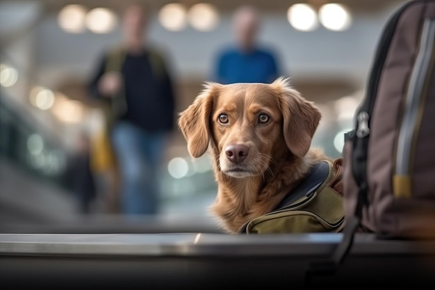 Chien de voyage anxieux attendant à l'aéroport ou à la gare