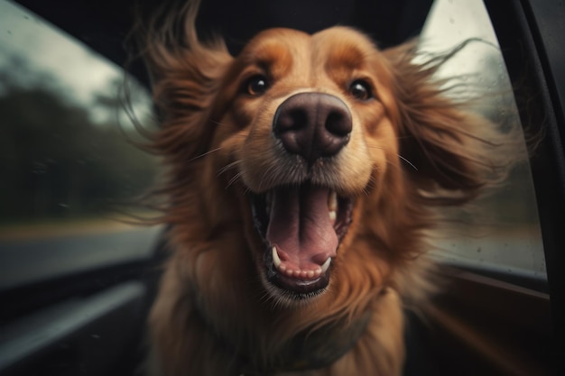 Chien en voyage sur la route passant la tête par la fenêtre de la voiture