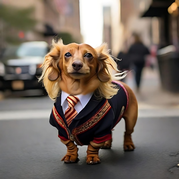 Un chien Weiner royal avec une crinière dorée de l'IA des cheveux de Donald Trump