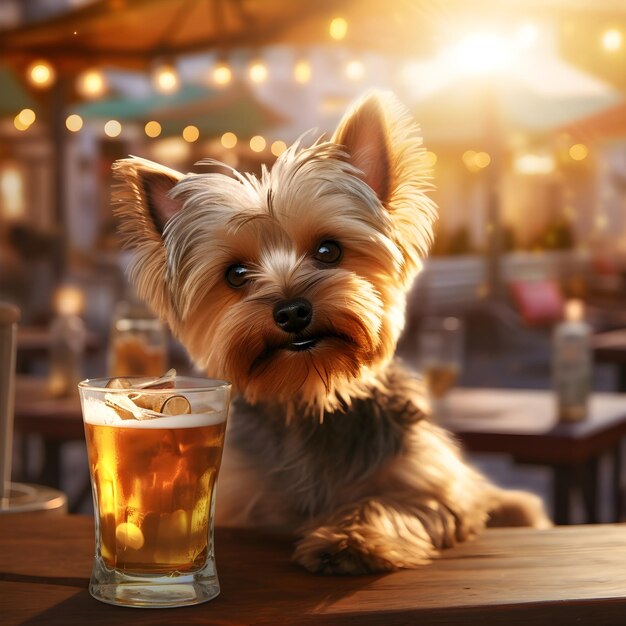 Un chien Yorkshire terrier dans un bar avec un verre