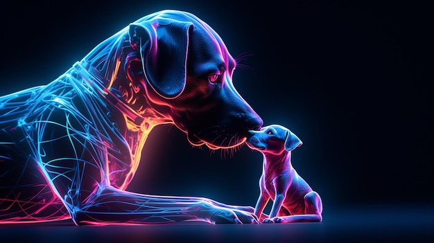 Une chienne mère caressant son veau à la lumière néon une image d'illustration brillante Ai a généré de l'art