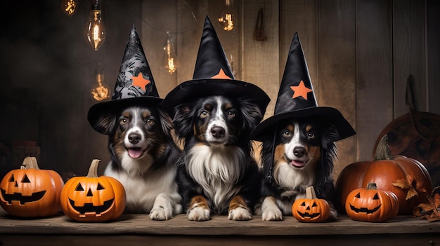 Photo des chiens adorables en costumes d'halloween un groupe de chiens en chapeau de sorcière