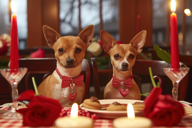 Photo des chiens au dîner de la saint-valentin incarnant la romance idéal pour les valentins pétrelés