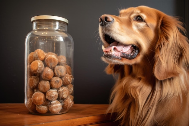 Des chiens bavant la bouche à côté d'un pot rempli de friandises.