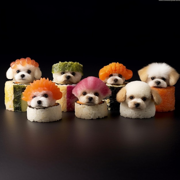 Des chiens bien habillés sont assis sur des rouleaux de sushi avec des carottes génératives ai
