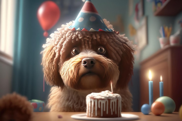 Des chiens en casquettes d'anniversaire sont assis à la fête Illustration AI Generative