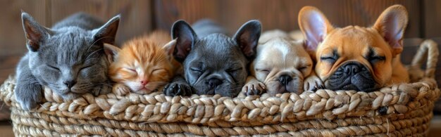 Photo des chiens et des chats dorment dans un panier