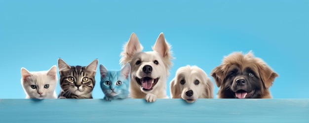 Photo chiens et chats jetant un coup d'œil au-dessus de la bannière de l'animalerie de ligne supérieure bleu clair, sourire heureux, drôle, image d'ia générative weber