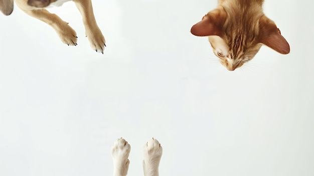 Des chiens et des chats mignons pendent ensemble leurs pattes sur une bannière horizontale blanche du site Web ou une IA générative.