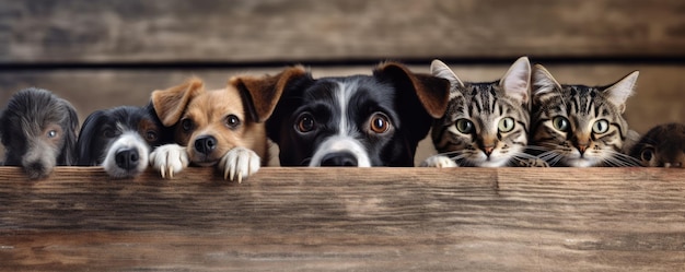 Des chiens et des chats regardent au-dessus de la ligne supérieure en bois transparente bannière de magasin d'animaux sourire heureux drôle weber d'image d'IA générative