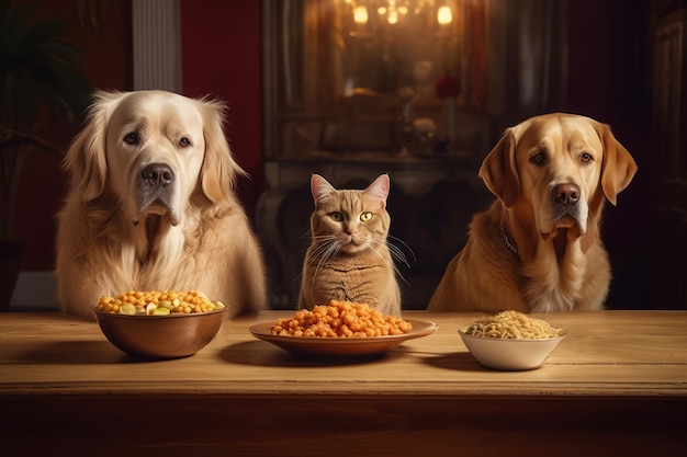 Photo chiens et chats retriever temps de manger animaux de compagnie domestiques à l'intérieur avec des bols d'alimentation sur la table générer ai