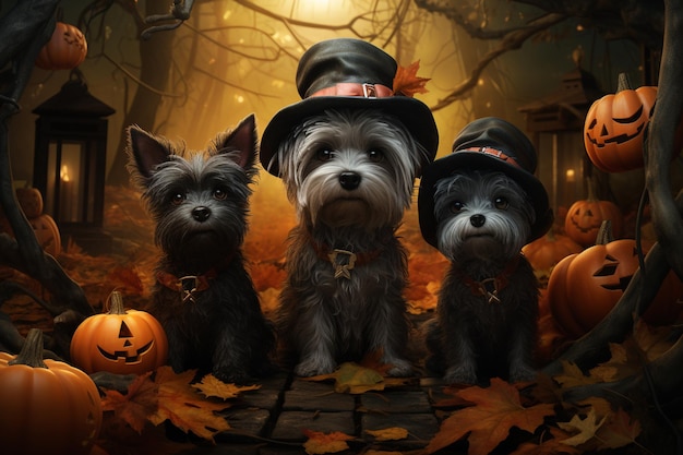 Chiens de compagnie dans des costumes d'Halloween fantaisistes créés avec l'IA générative